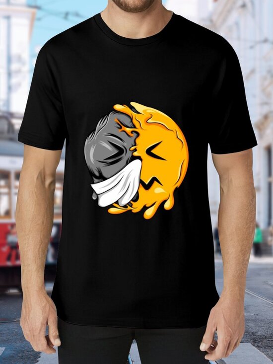 Other - Black Short Sleeve Graphic Tee with Yellow & Gray Emoticon Print